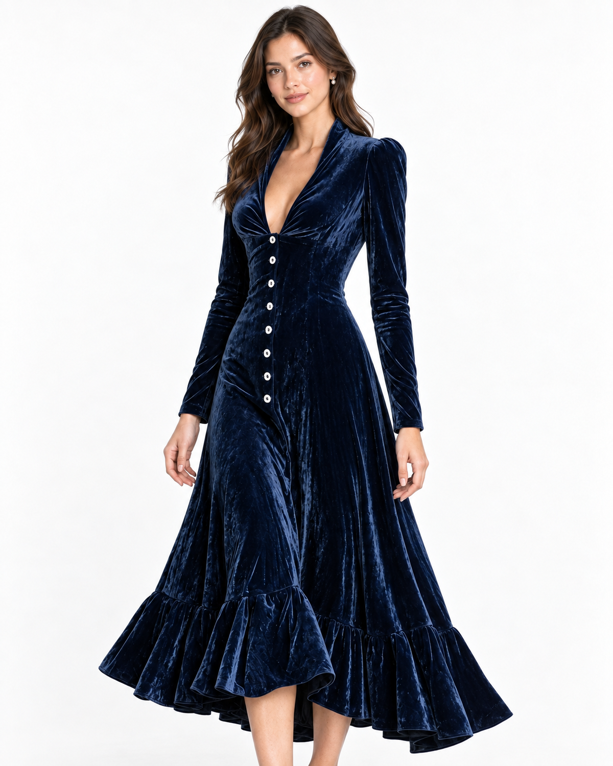 Isolde Velvet Midi Dress for Women - Button Front Ruffle High Low Hem additional view