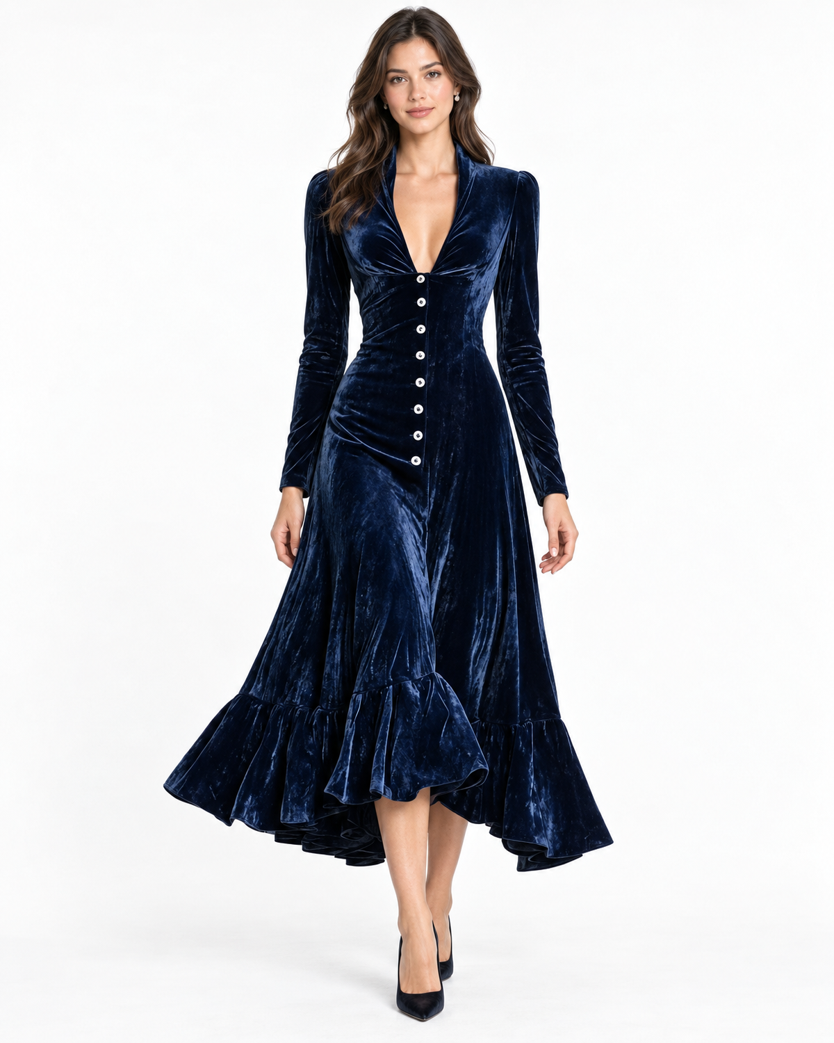 Isolde Velvet Midi Dress for Women - Button Front Ruffle High Low Hem in Navy Blue