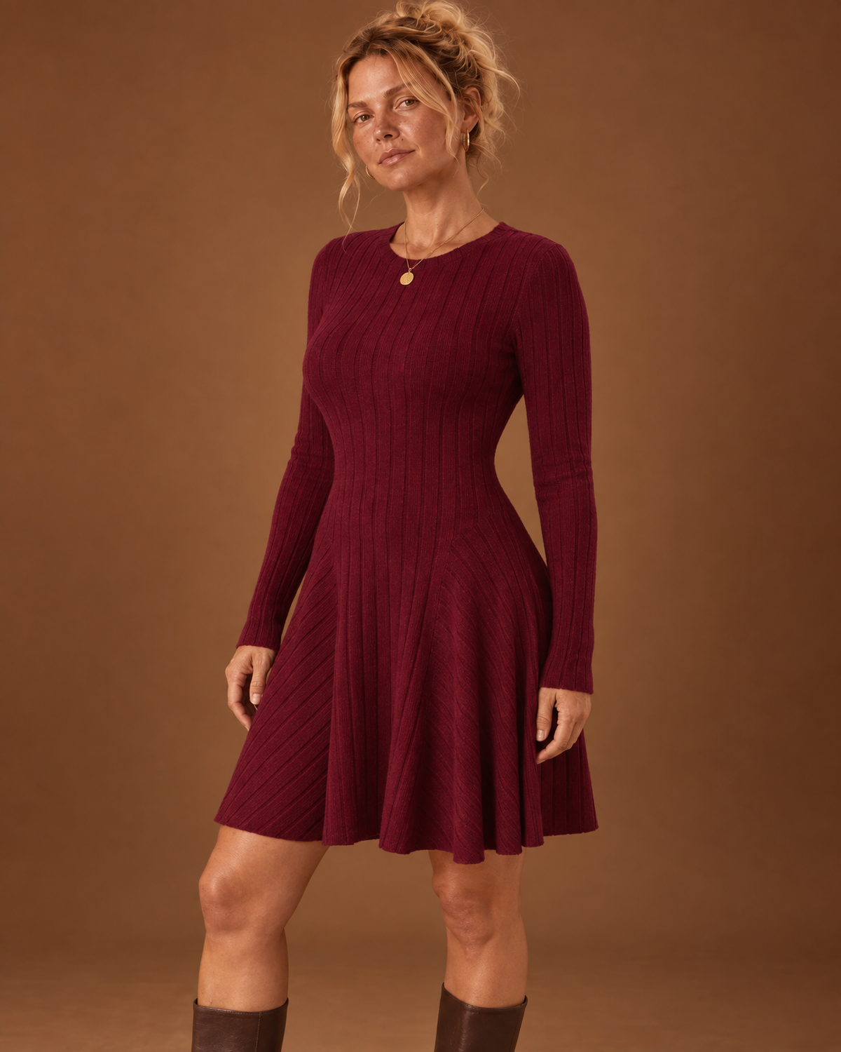 Juliet Knit Mini Dress in Burgundy, detail view