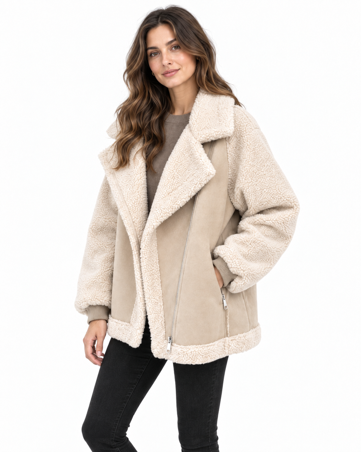 Juno Faux Shearling Aviator Jacket for Women - Faux Suede Sherpa Lined additional view