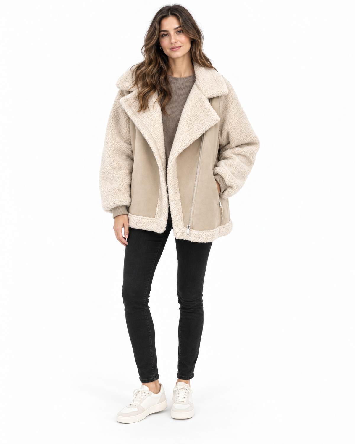 Juno Faux Shearling Aviator Jacket for Women - Faux Suede Sherpa Lined in Beige
