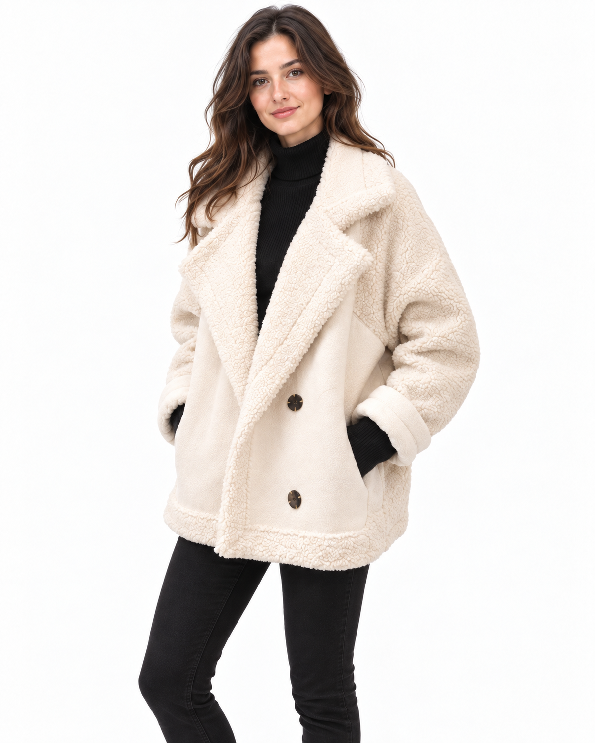 Juno Faux Shearling Jacket for Women - Oversized Sherpa Button Front - Ivory – detail view