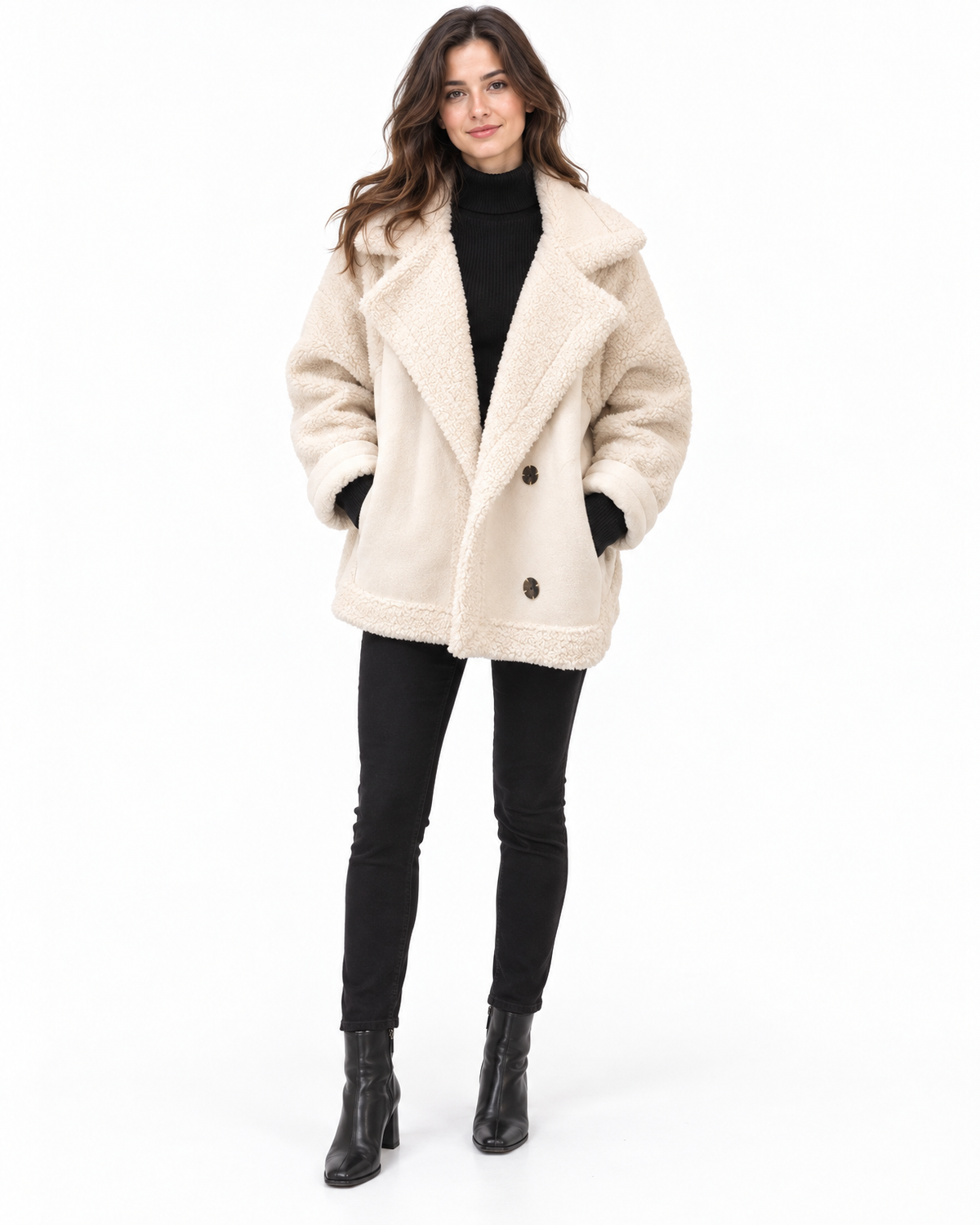 Juno Faux Shearling Jacket for Women - Oversized Sherpa Button Front - Ivory – front view