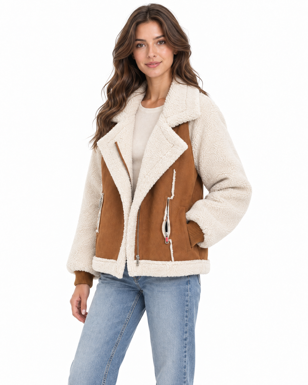Juno Faux Shearling Aviator Jacket for Women - Faux Suede Sherpa Lined additional view