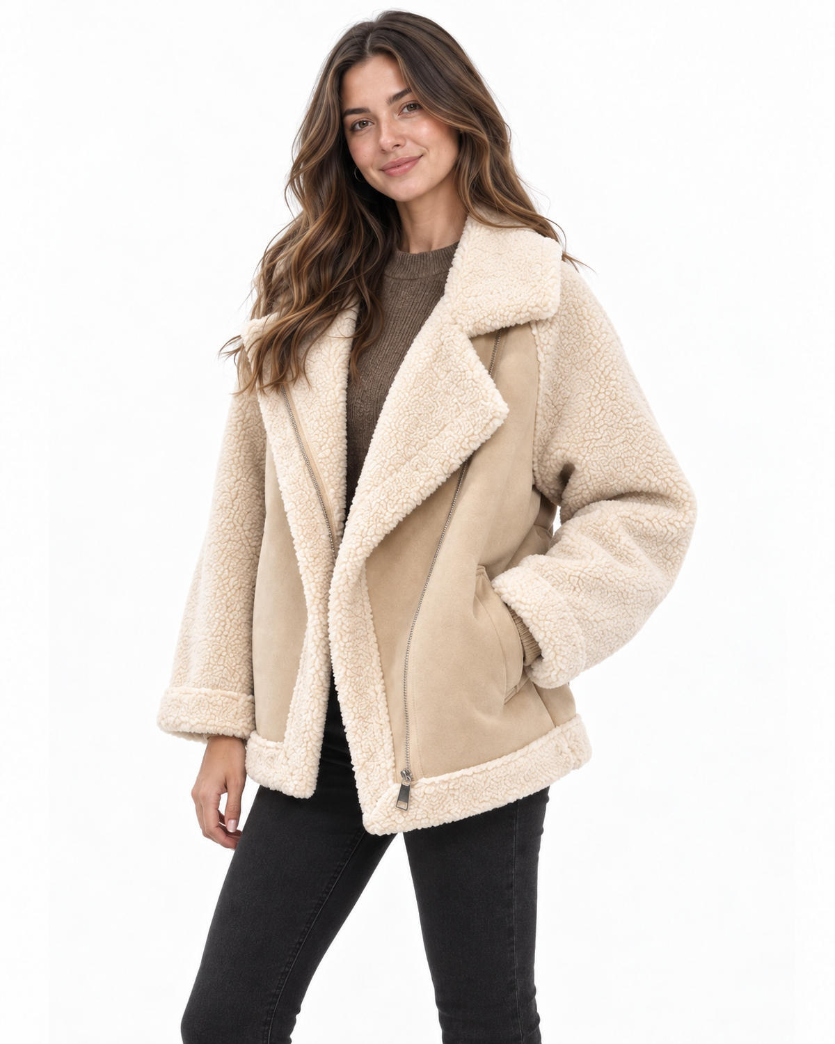 Juno Faux Shearling Aviator Jacket for Women - Faux Suede Sherpa Lined additional view
