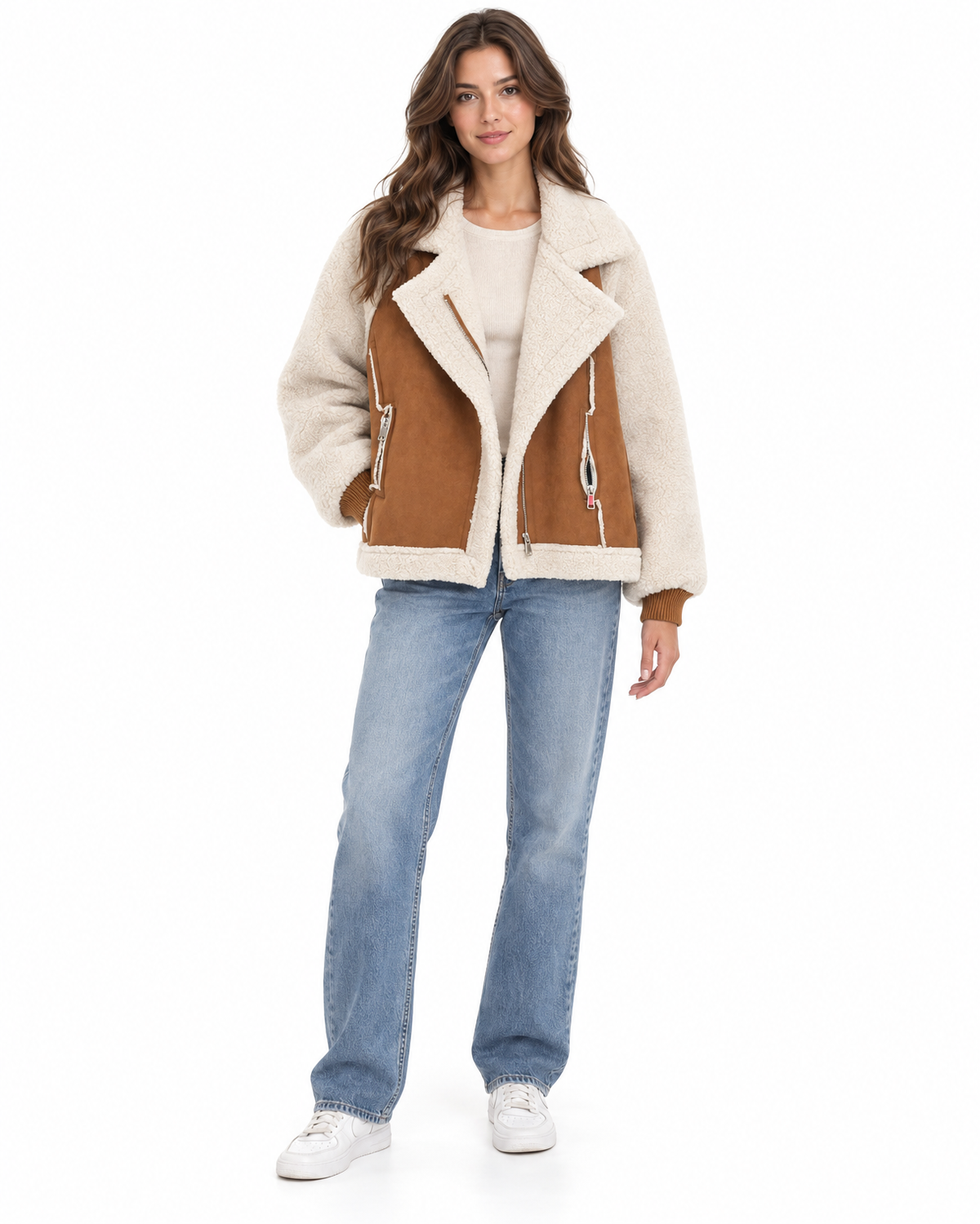 Juno Faux Shearling Aviator Jacket for Women - Faux Suede Sherpa Lined in Mocha