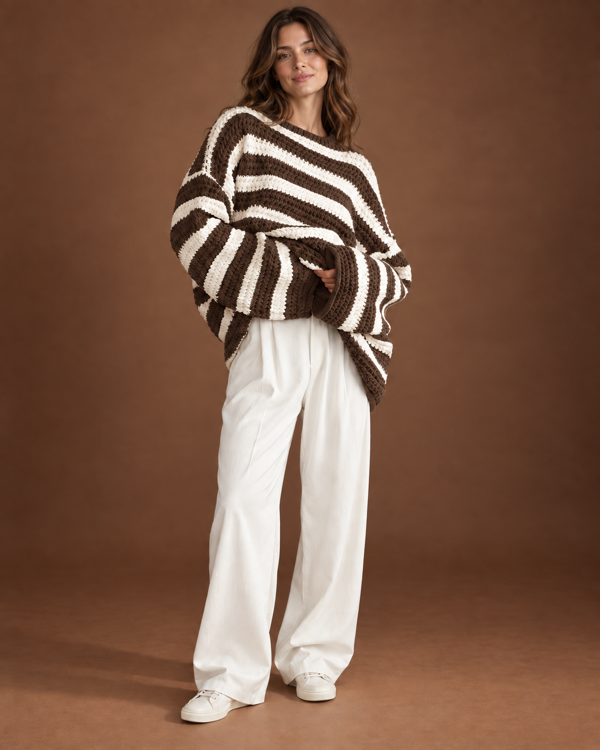 Linnea Chunky Knit Sweater for Women - Oversized Striped Crewneck in Brown
