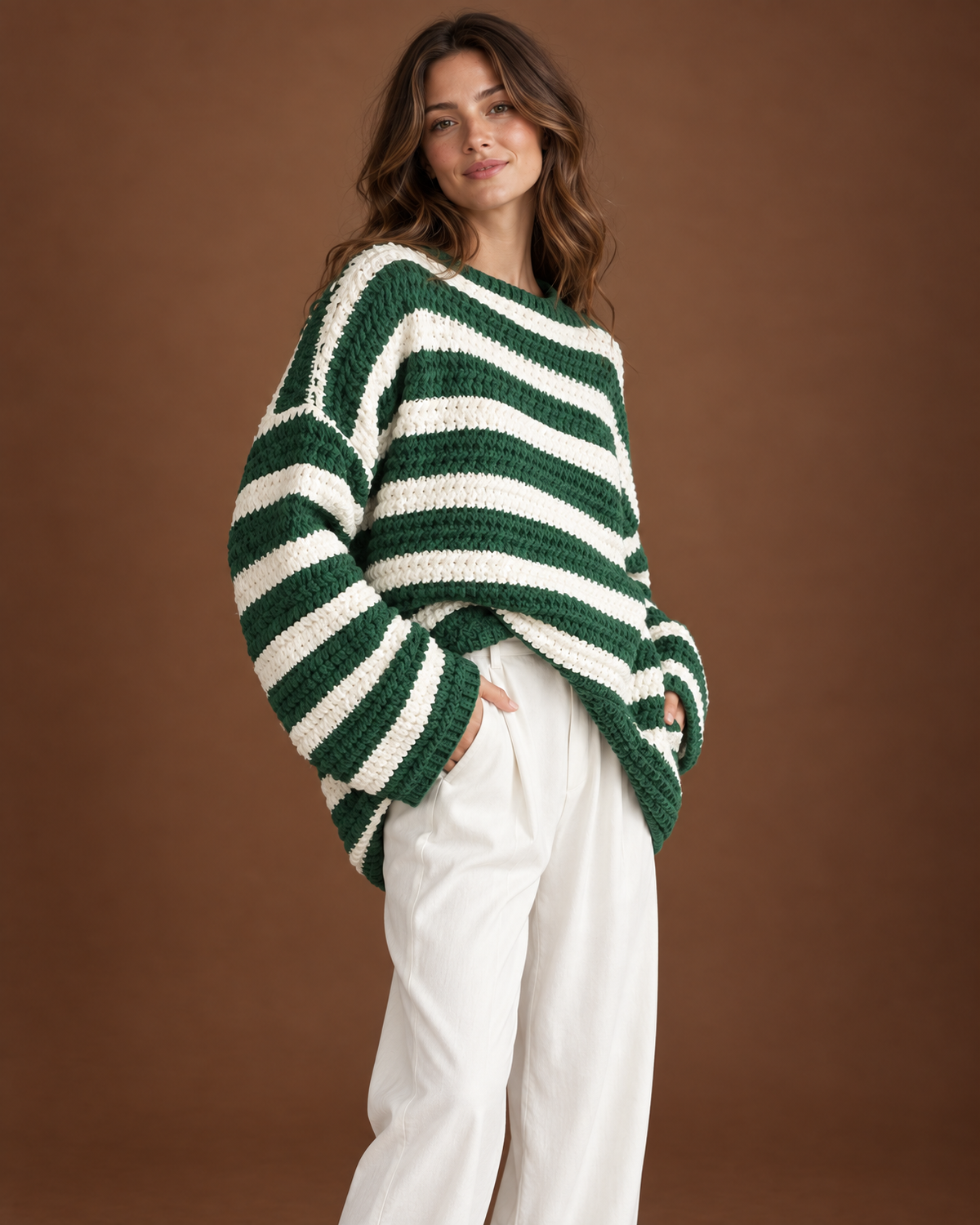 Linnea Chunky Knit Sweater for Women - Oversized Striped Crewneck additional view