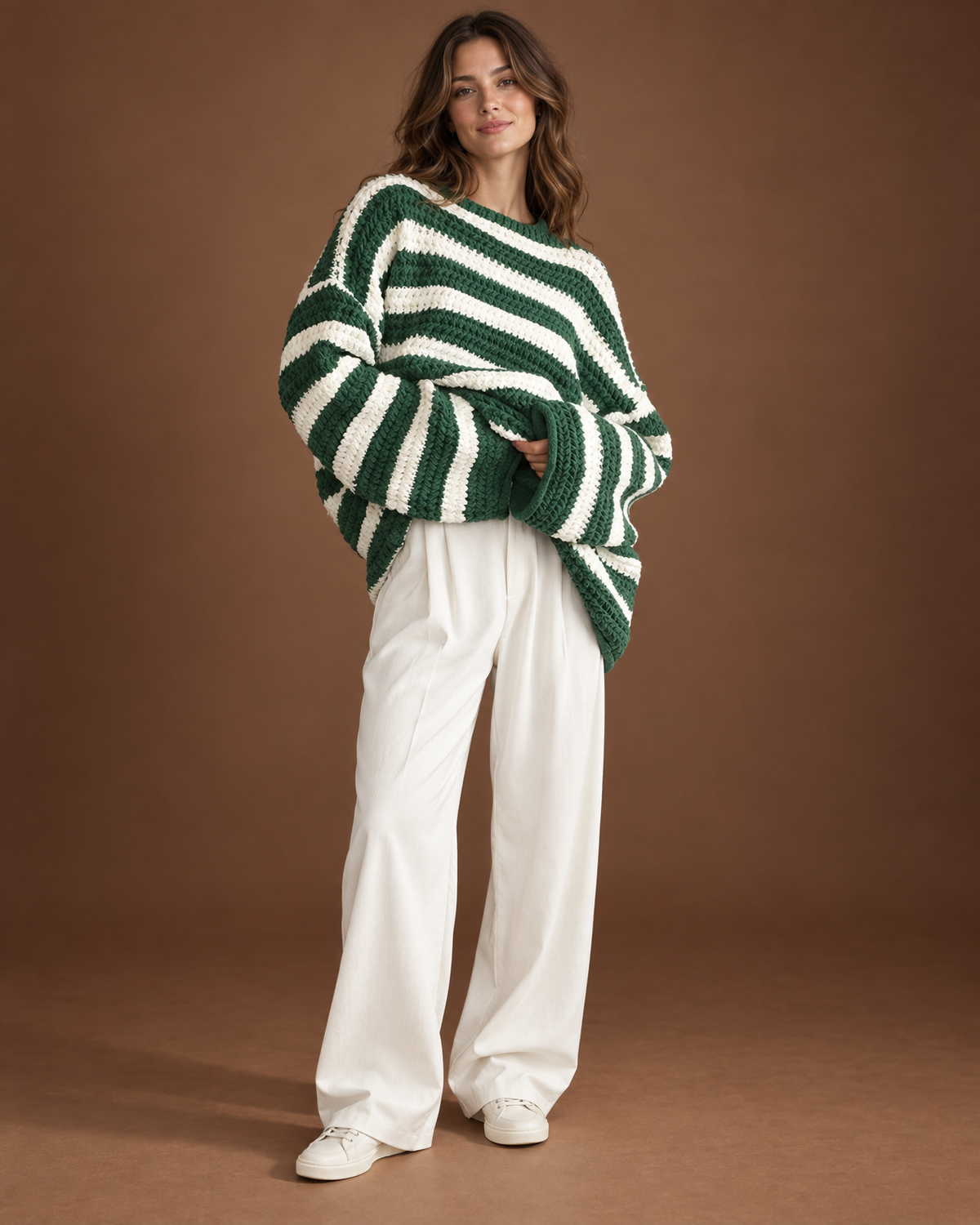 Linnea Chunky Knit Sweater for Women - Oversized Striped Crewneck in Green