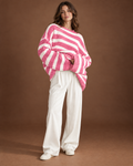 Linnea Chunky Knit Sweater for Women - Oversized Striped Crewneck in Pink
