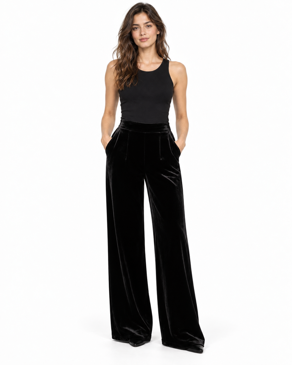 Marielle Velvet Wide Leg Pants for Women - High Waist Pleated Trousers in Black