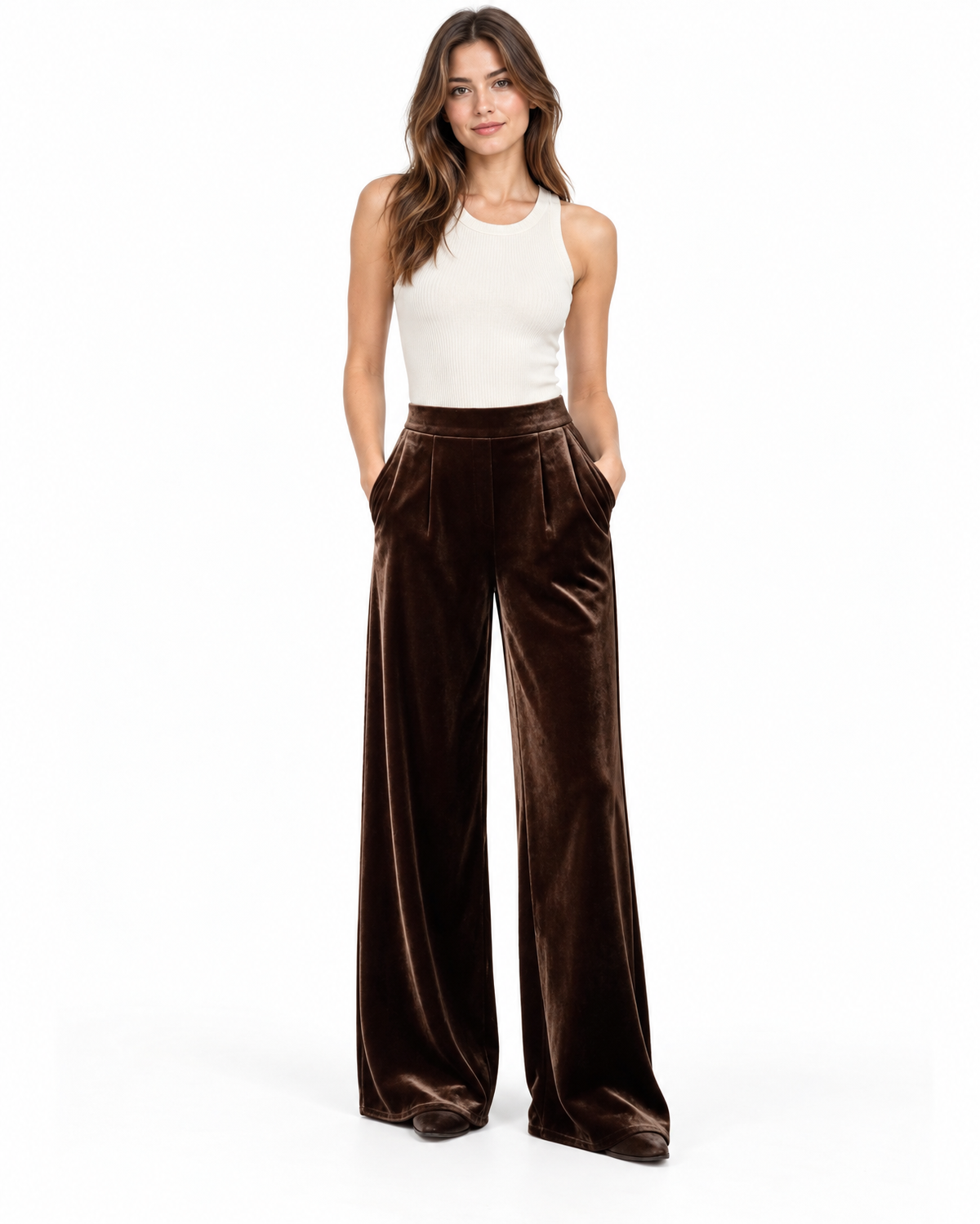 Marielle Velvet Wide Leg Pants for Women - High Waist Pleated Trousers in Coffee