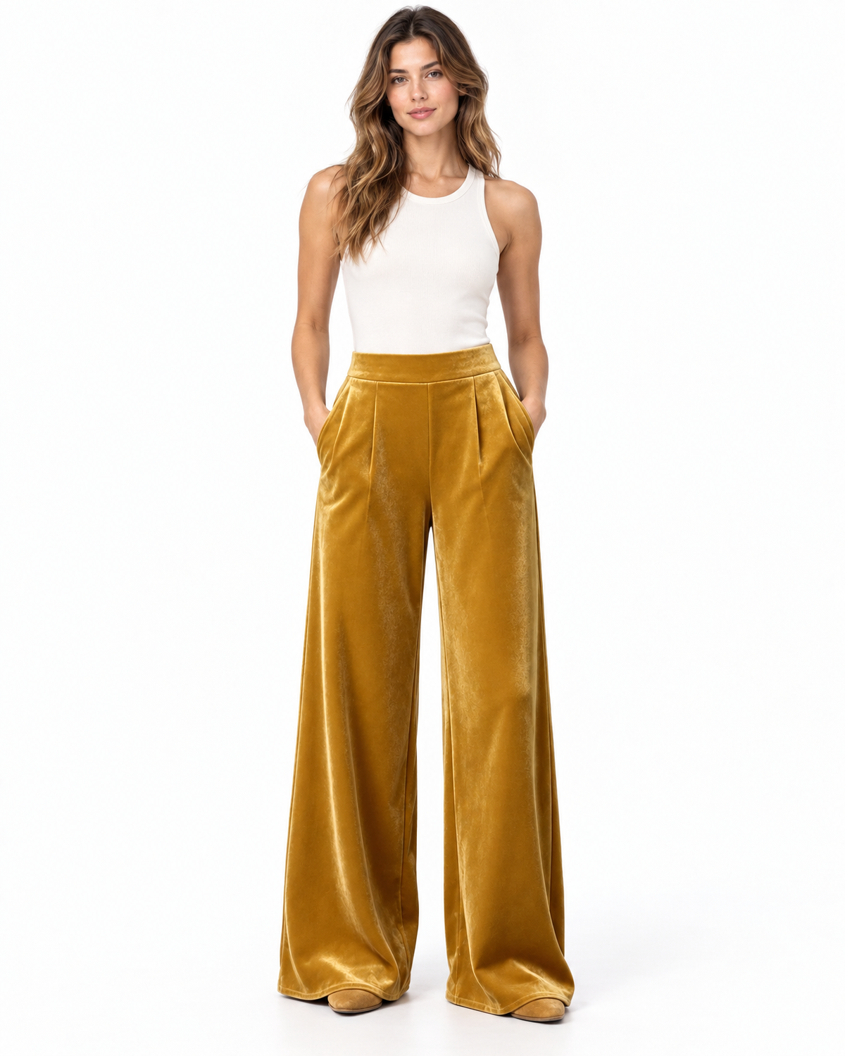 Marielle Velvet Wide Leg Pants for Women - High Waist Pleated Trousers in Ginger Yellow