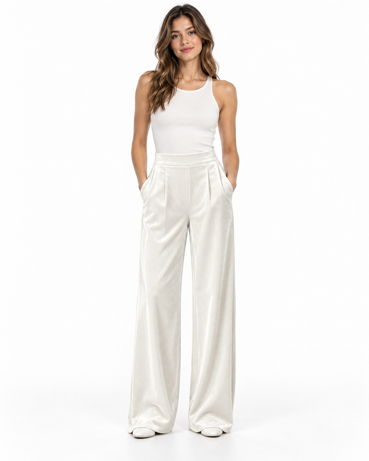 Marielle Velvet Wide Leg Pants for Women - High Waist Pleated Trousers in White