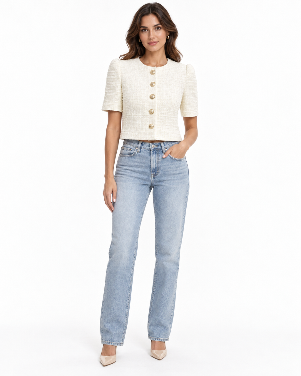 Matilda Tweed Cropped Jacket for Women - Boucle Button Front - Ivory – front view