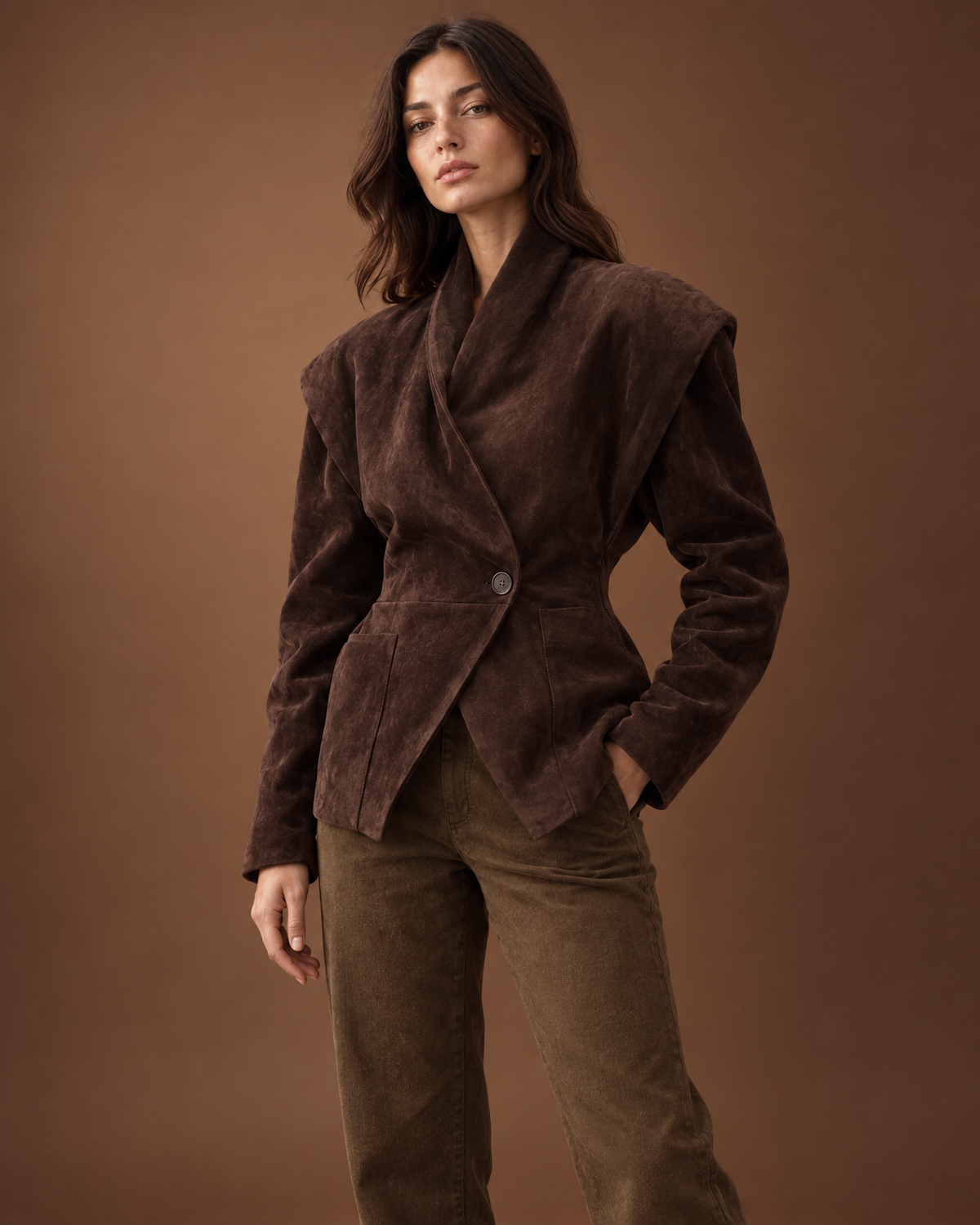 Oriana Wrap Blazer Jacket in Brown, detail view