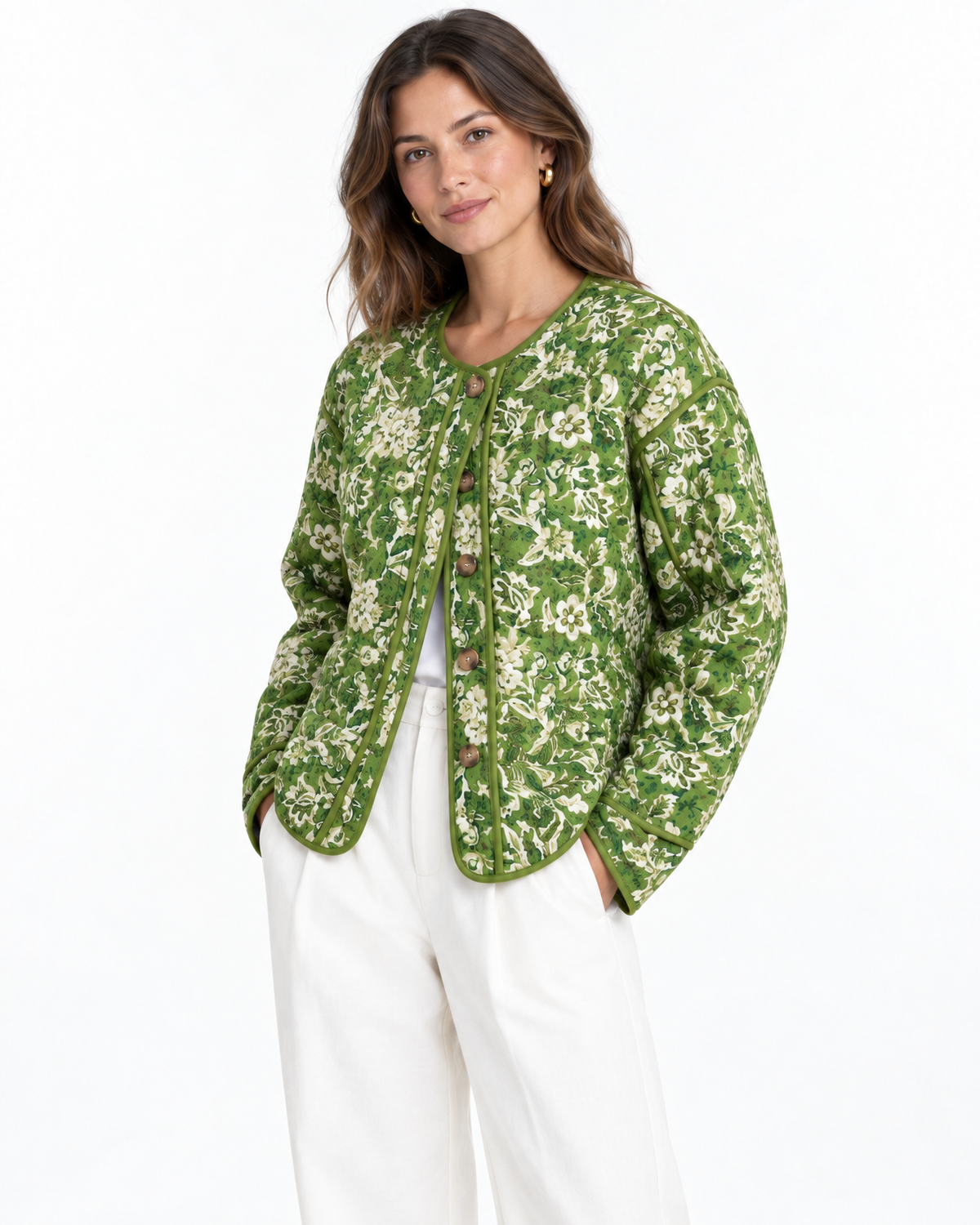 Ottoline Quilted Floral Jacket for Women - Contrast Piping Button Front additional view