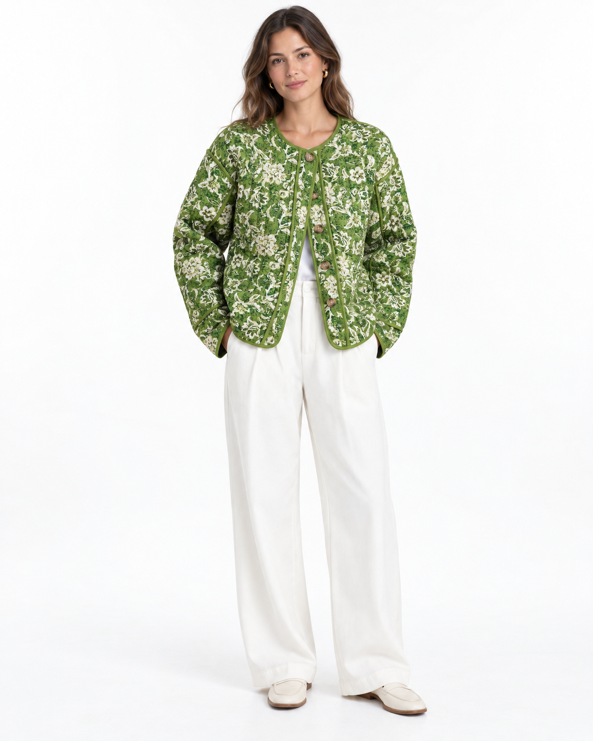 Ottoline Quilted Floral Jacket for Women - Contrast Piping Button Front in Green