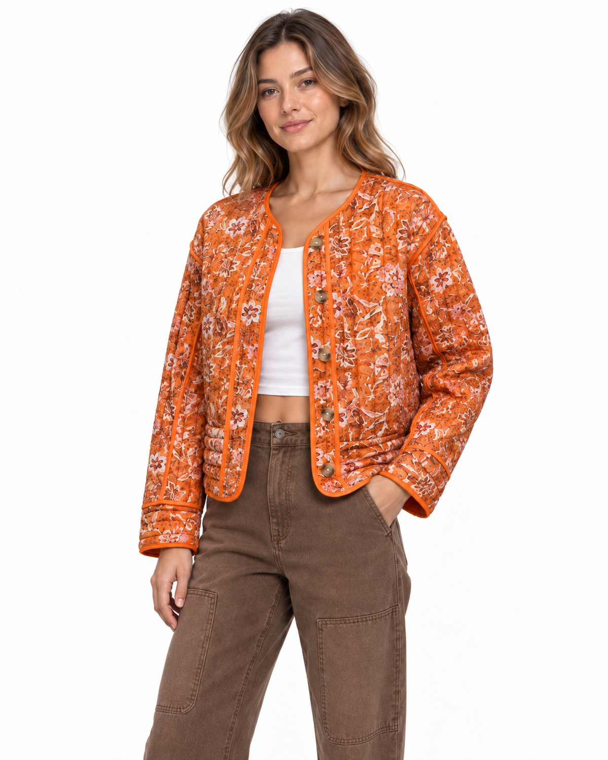 Ottoline Quilted Floral Jacket for Women - Contrast Piping Button Front additional view