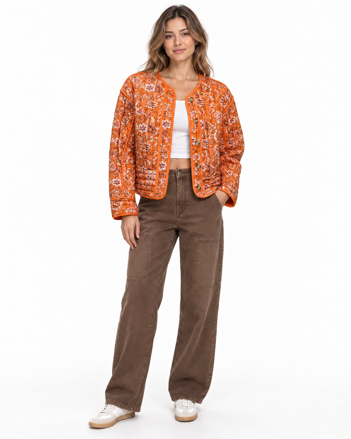 Ottoline Quilted Floral Jacket for Women - Contrast Piping Button Front in Orange