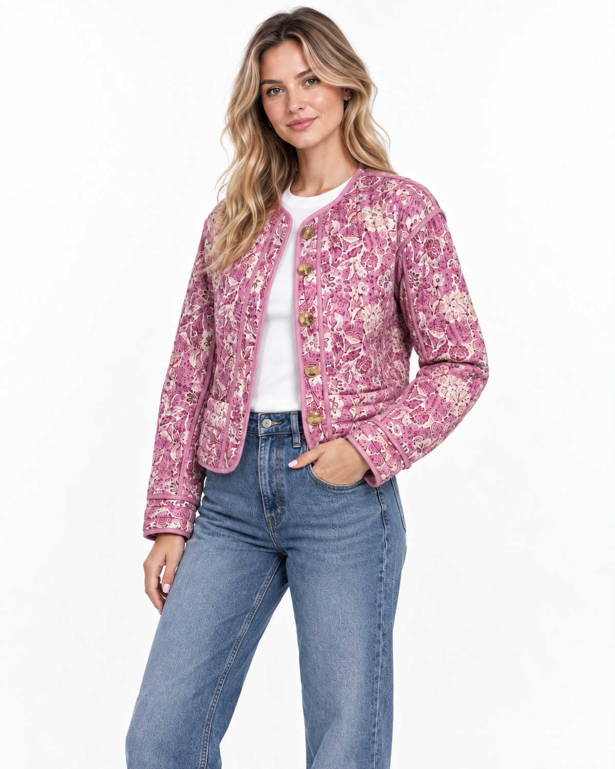 Ottoline Quilted Floral Jacket for Women - Contrast Piping Button Front additional view