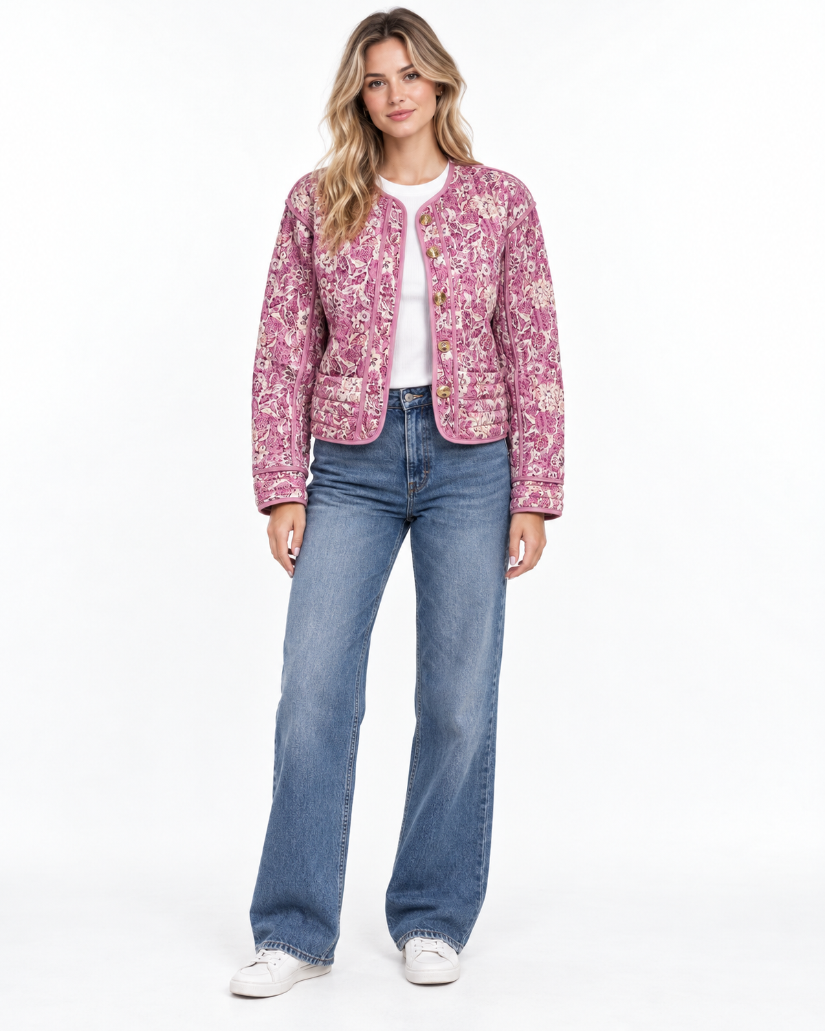 Ottoline Quilted Floral Jacket for Women - Contrast Piping Button Front in Pink