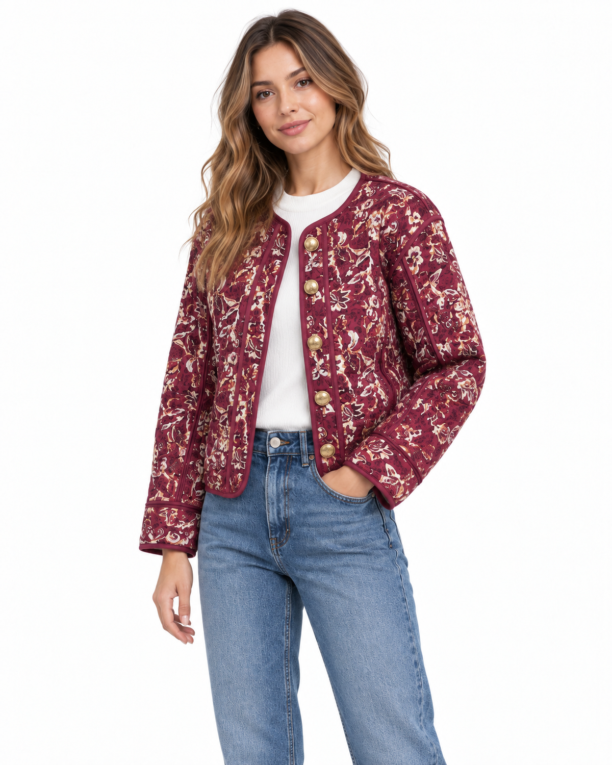 Ottoline Quilted Floral Jacket for Women - Contrast Piping Button Front additional view