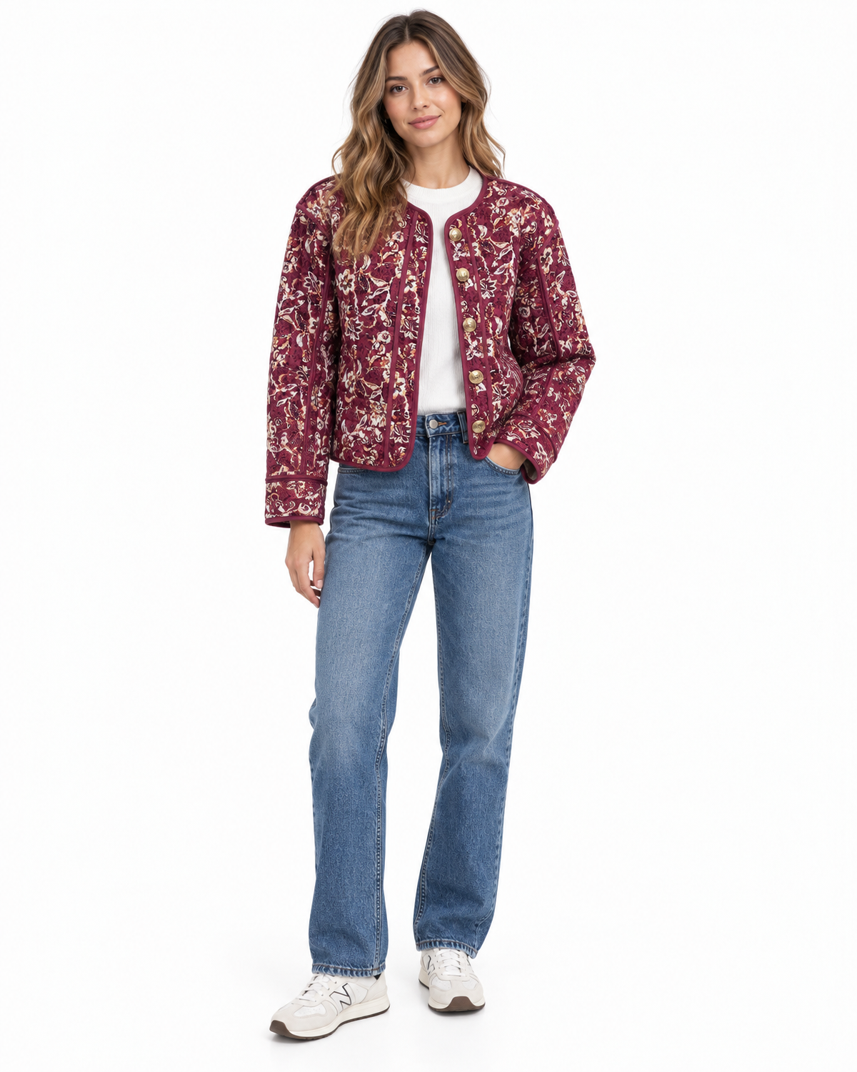 Ottoline Quilted Floral Jacket for Women - Contrast Piping Button Front in Red