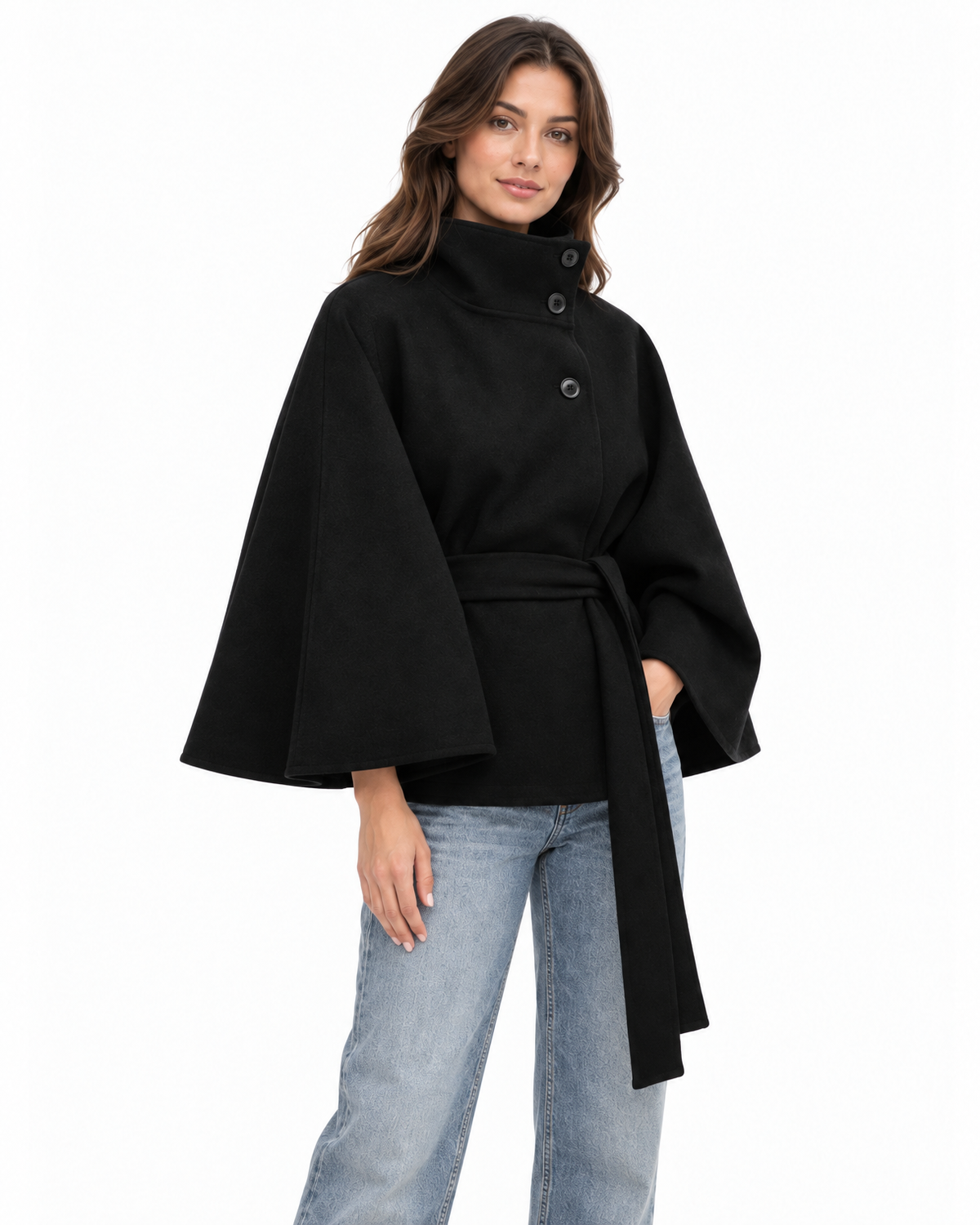 Perpetua Belted Cape Coat for Women - Stand Collar Batwing Sleeve additional view