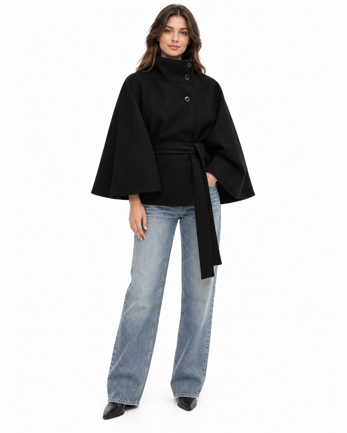 Perpetua Belted Cape Coat for Women - Stand Collar Batwing Sleeve in Black