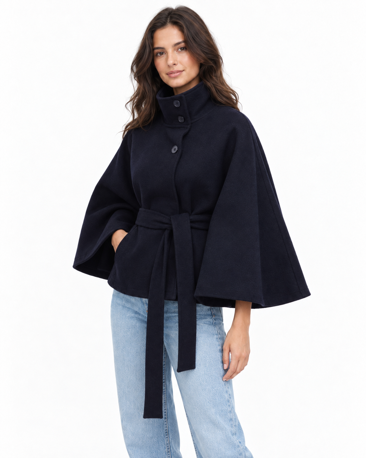 Perpetua Belted Cape Coat for Women - Stand Collar Batwing Sleeve additional view