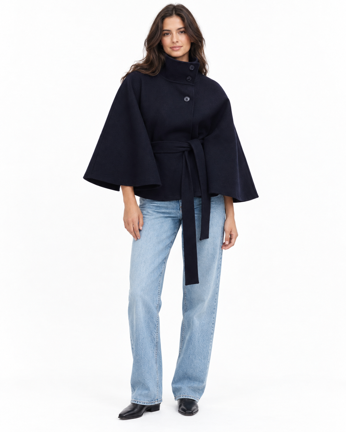 Perpetua Belted Cape Coat for Women - Stand Collar Batwing Sleeve in Blue