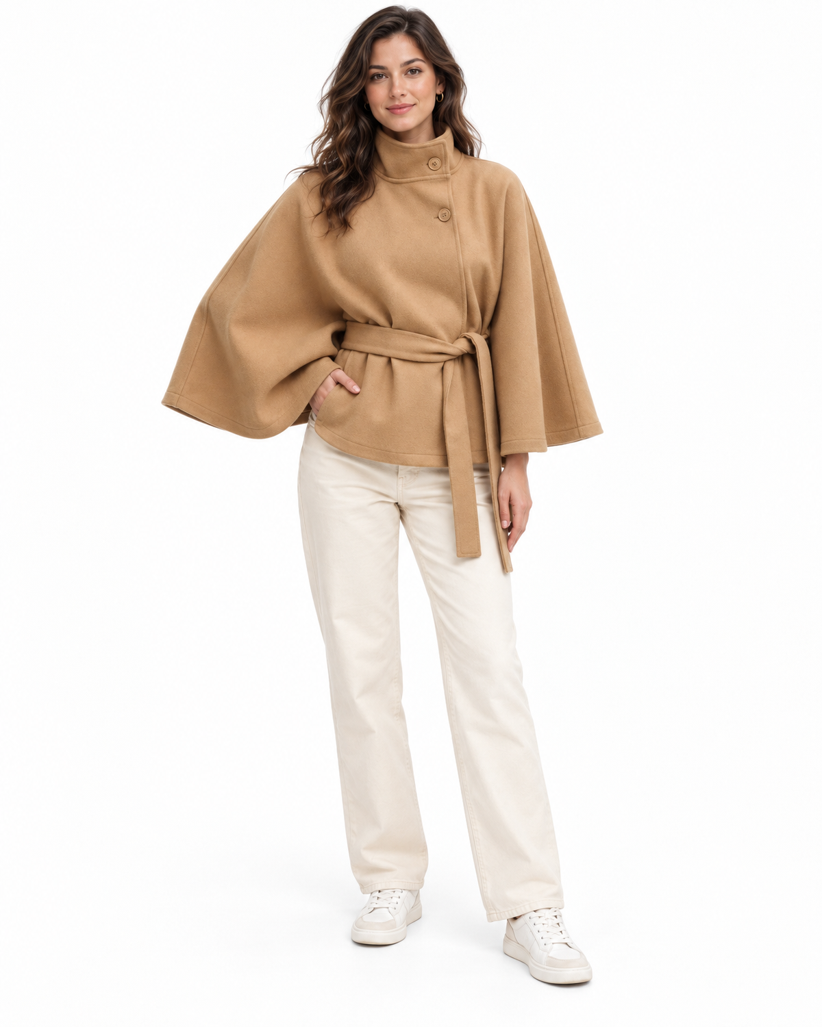 Perpetua Belted Cape Coat for Women - Stand Collar Batwing Sleeve in Khaki