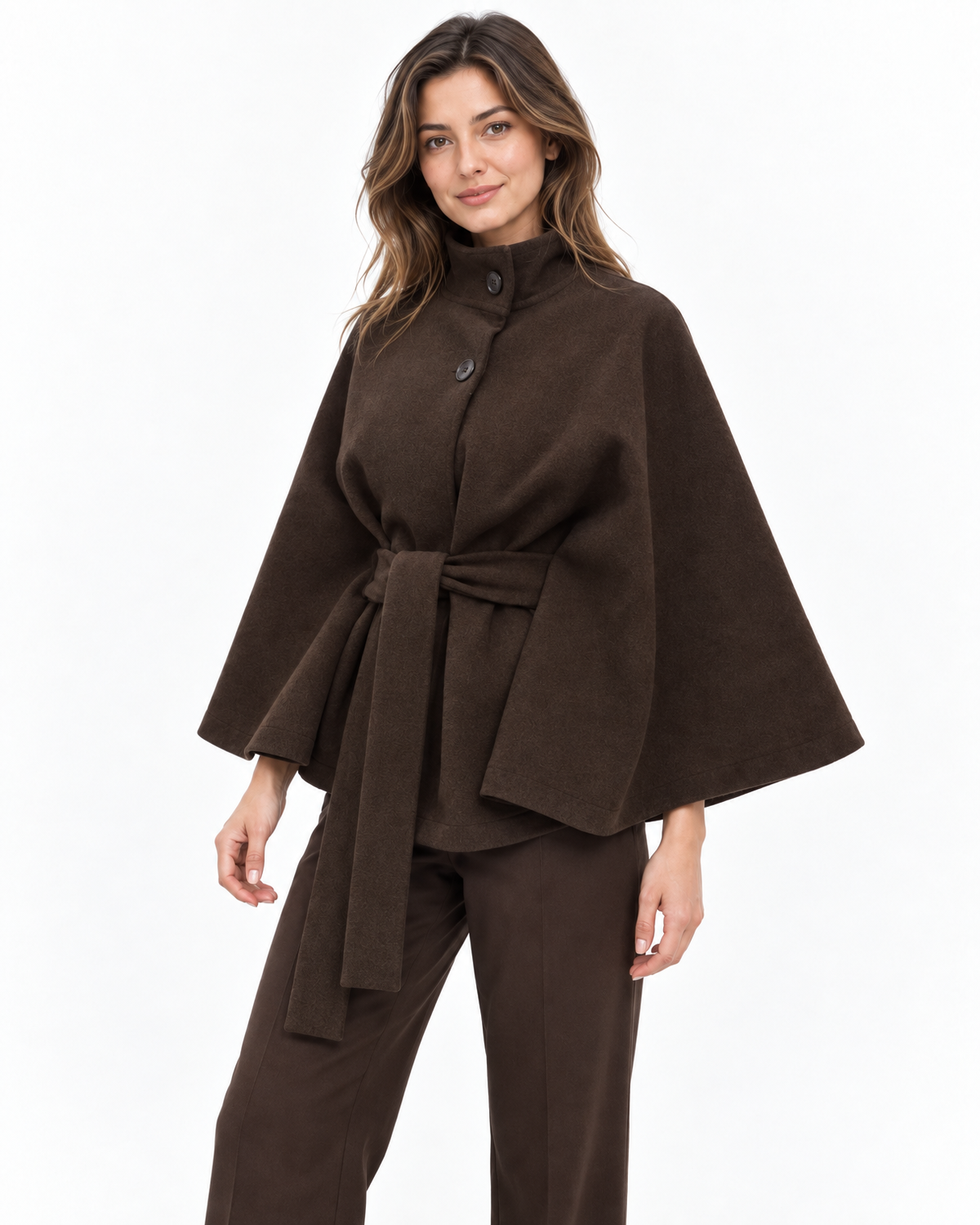 Perpetua Belted Cape Coat for Women - Stand Collar Batwing Sleeve additional view