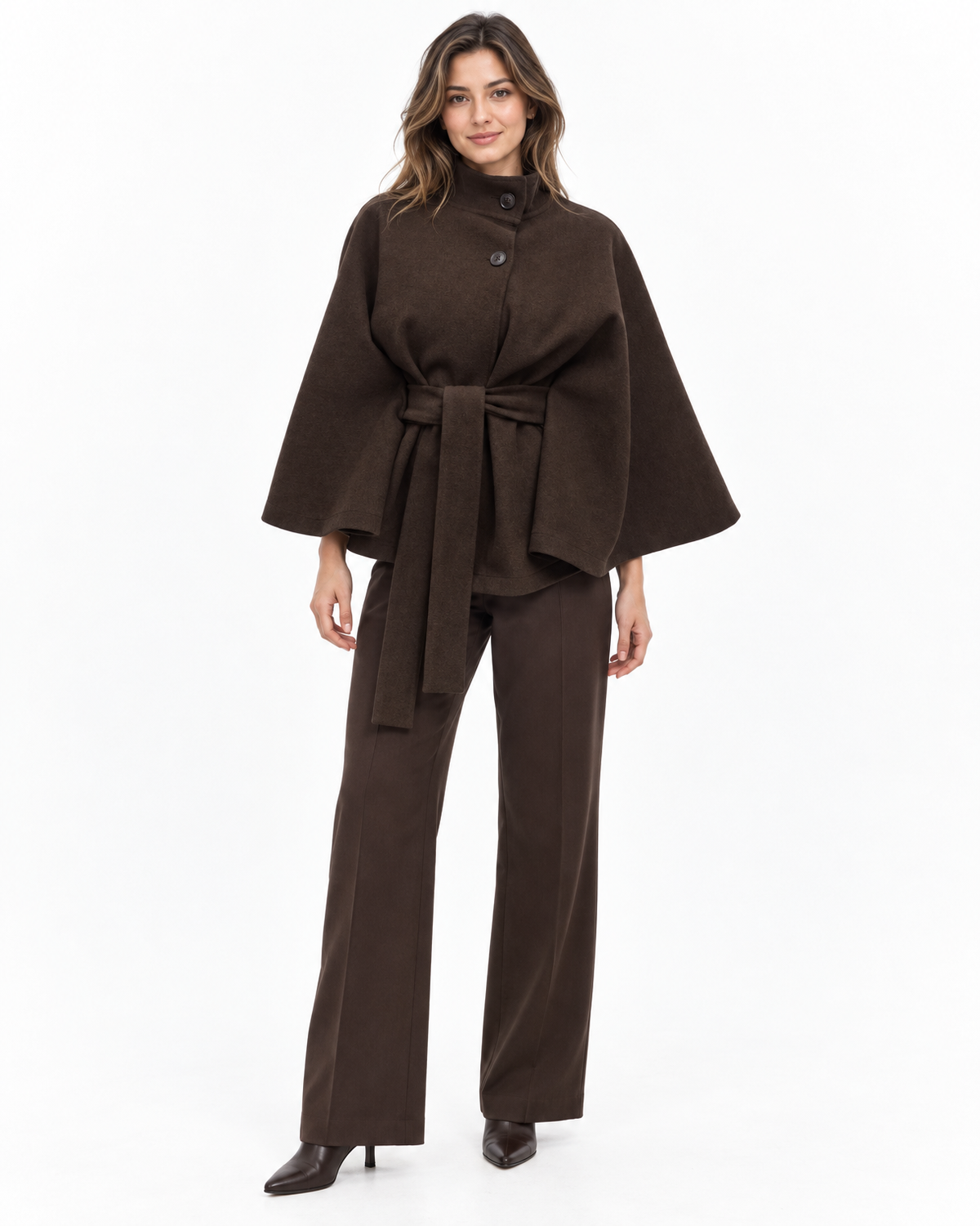 Perpetua Belted Cape Coat for Women - Stand Collar Batwing Sleeve in Coffee