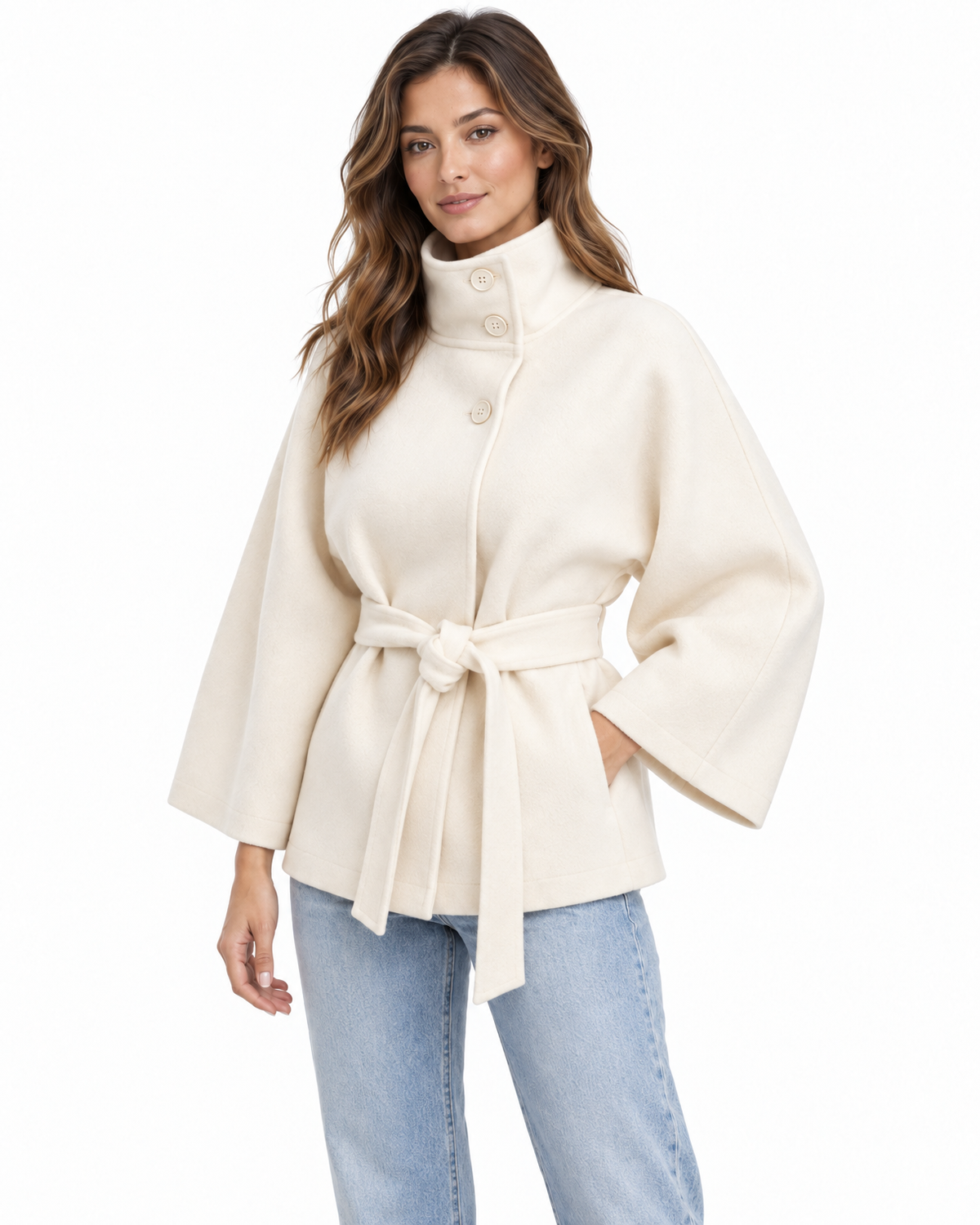 Perpetua Belted Cape Coat for Women - Stand Collar Batwing Sleeve additional view