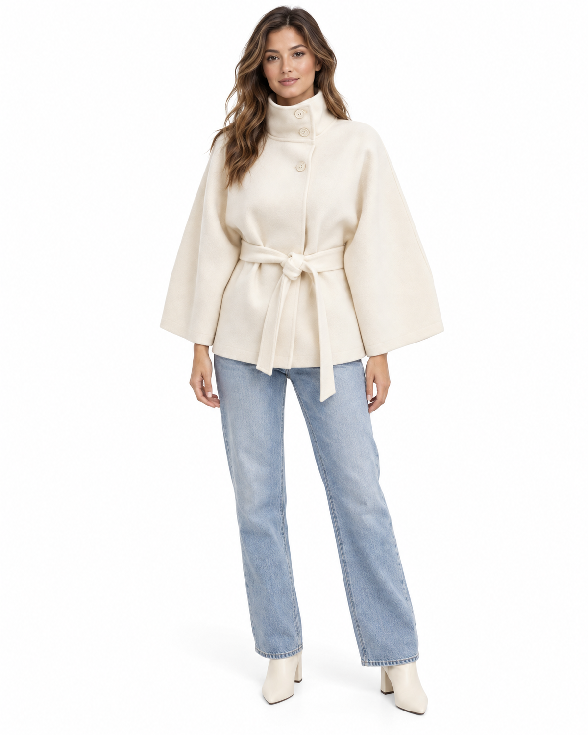 Perpetua Belted Cape Coat for Women - Stand Collar Batwing Sleeve in White