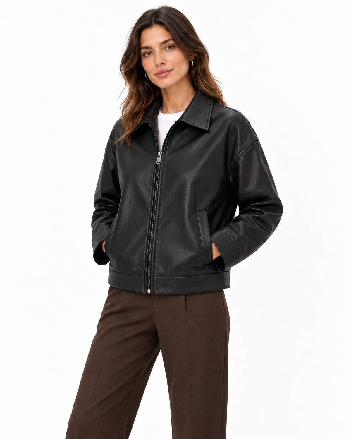 Rosalyn Faux Leather Jacket for Women - Relaxed Bomber Point Collar additional view