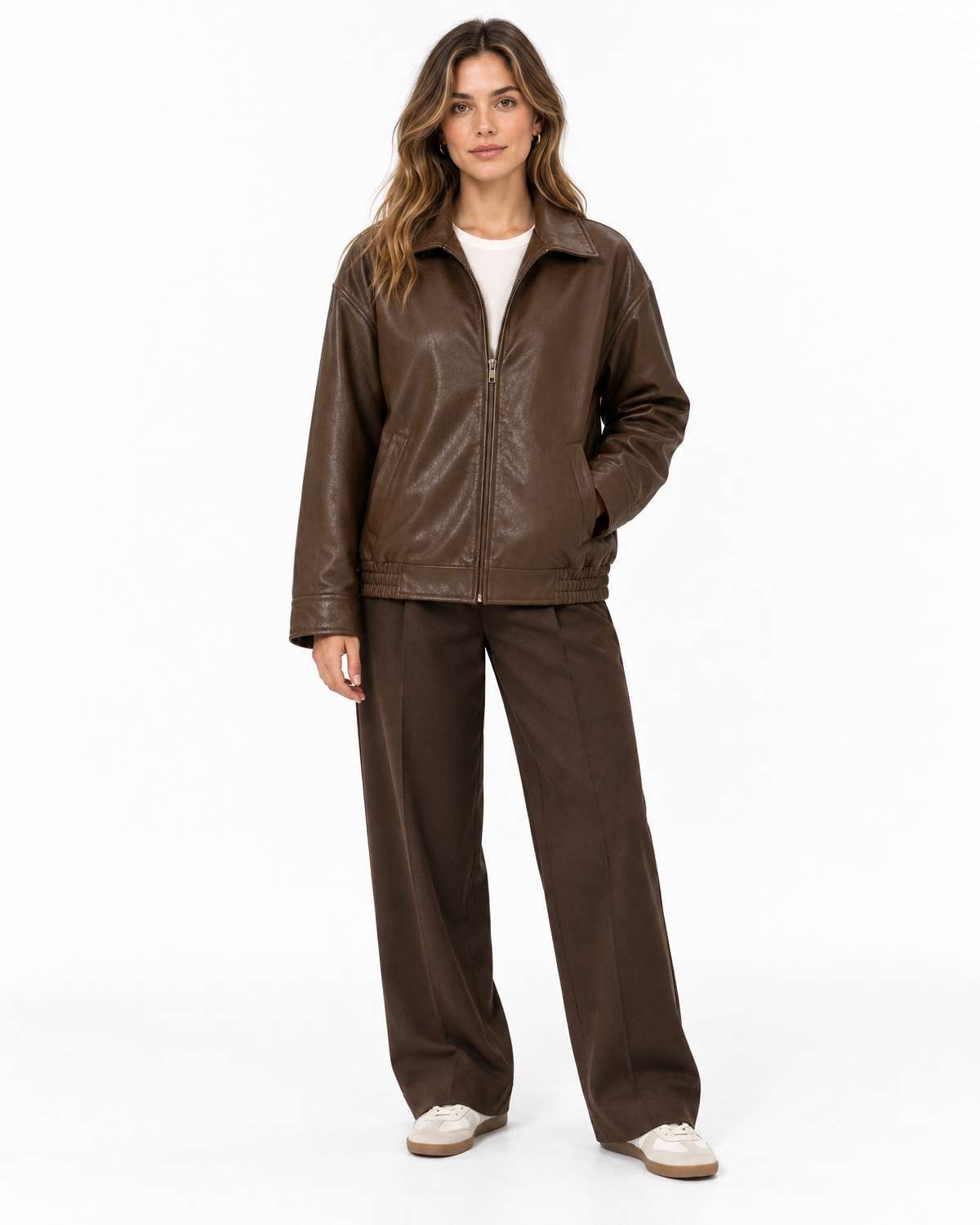 Rosalyn Faux Leather Jacket for Women - Relaxed Bomber Point Collar in Brown