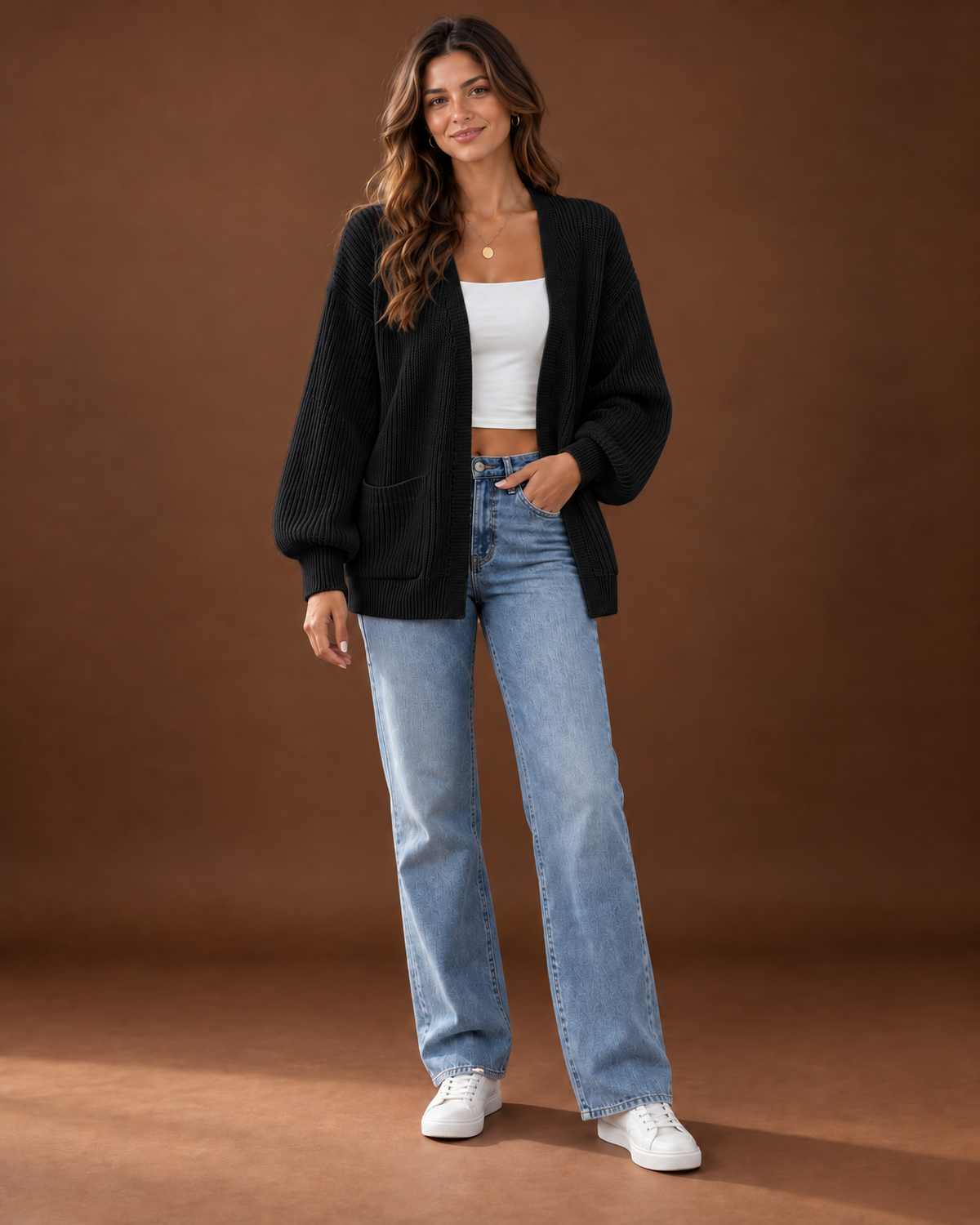 Rosamund Ribbed Knit Cardigan for Women - Open Front Pocket in Black