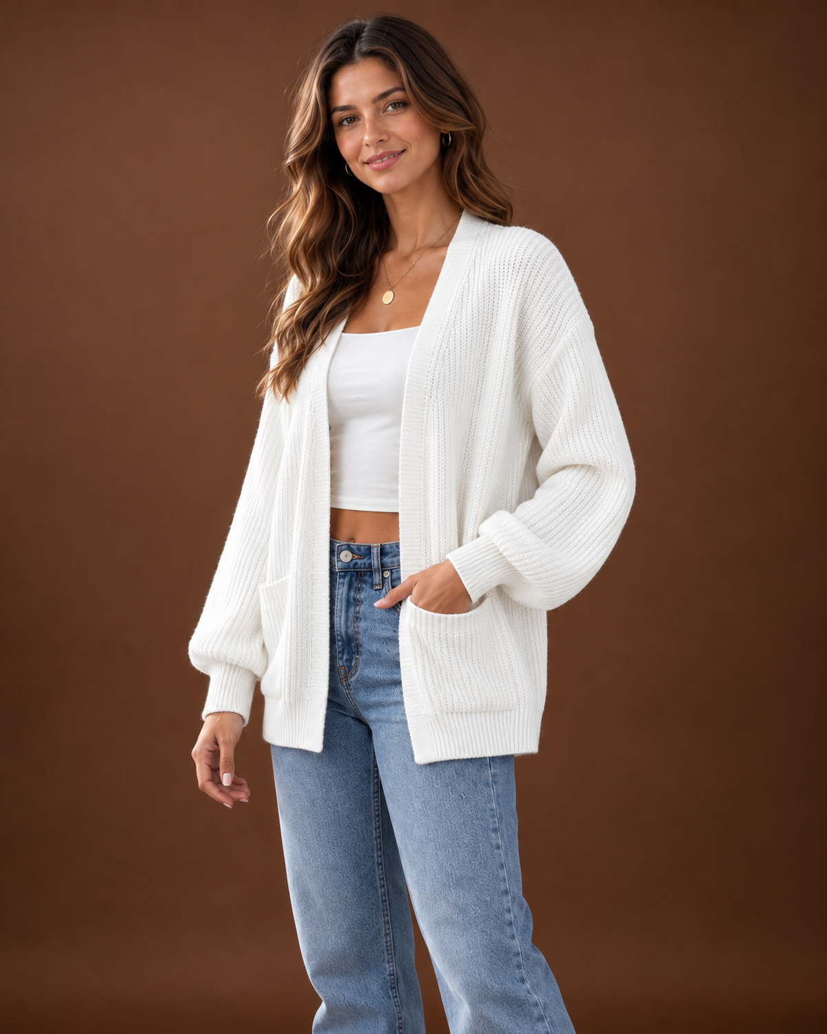 Rosamund Ribbed Knit Cardigan for Women - Open Front Pocket additional view