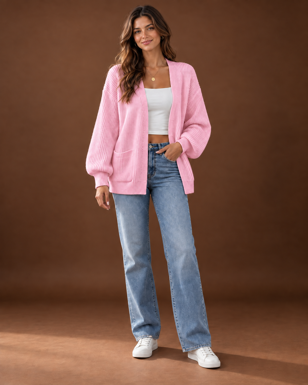 Rosamund Ribbed Knit Cardigan for Women - Open Front Pocket in Pink