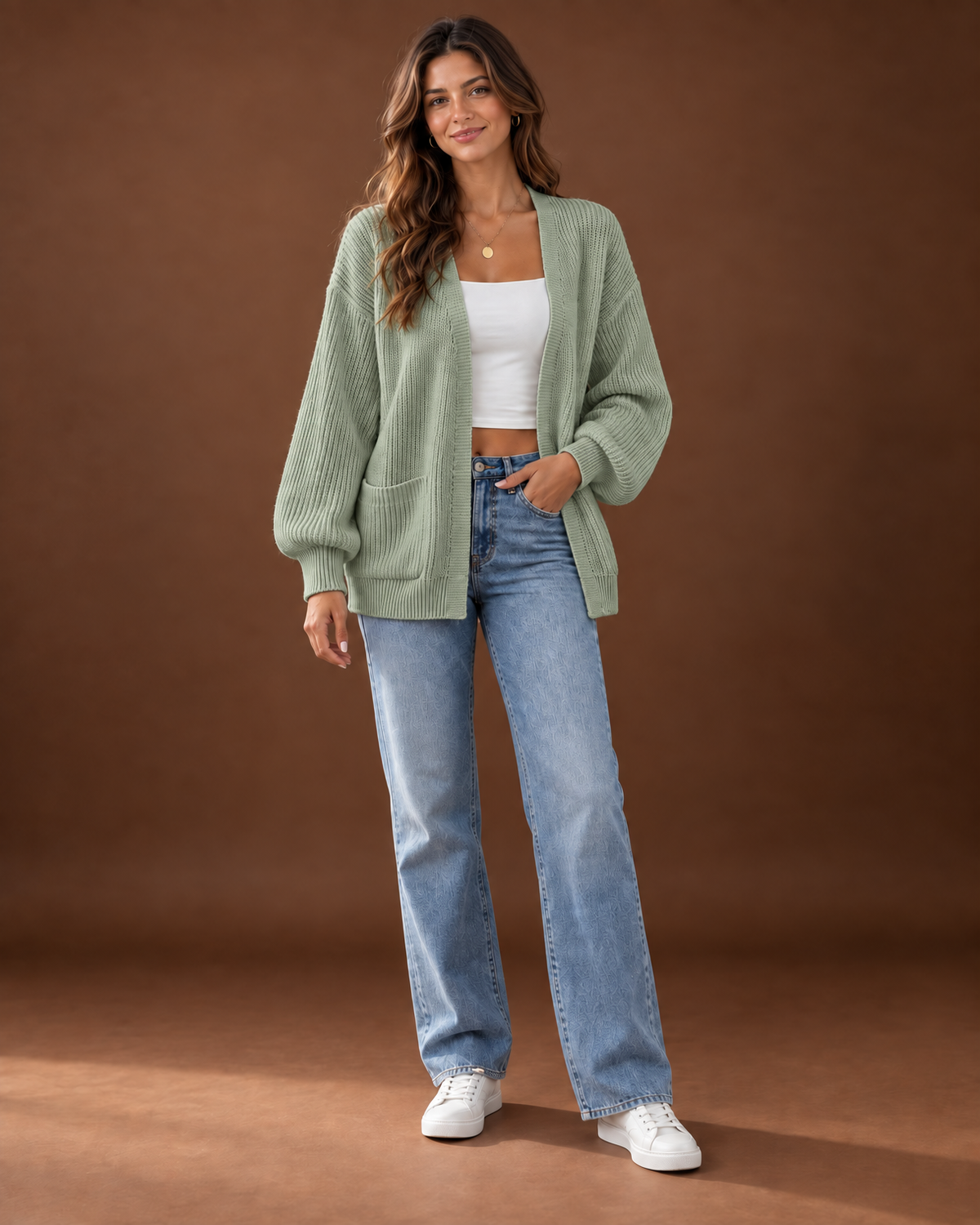 Rosamund Ribbed Knit Cardigan for Women - Open Front Pocket in Sage