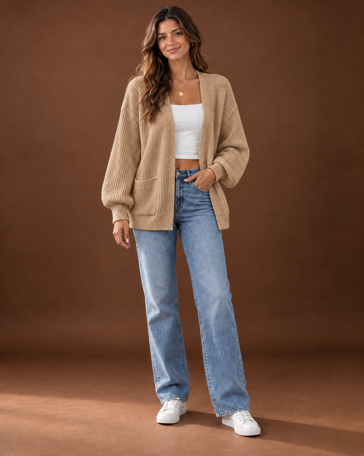 Rosamund Ribbed Knit Cardigan for Women - Open Front Pocket in Tan