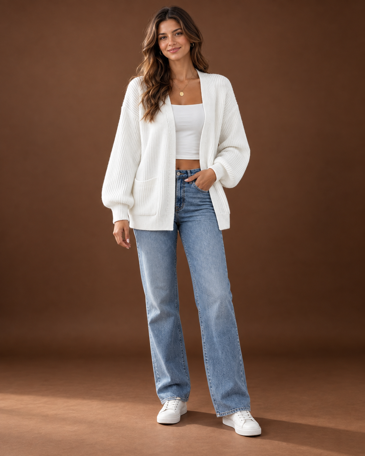 Rosamund Ribbed Knit Cardigan for Women - Open Front Pocket in White