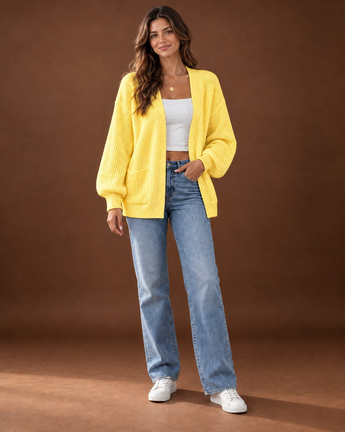 Rosamund Ribbed Knit Cardigan for Women - Open Front Pocket in Yellow