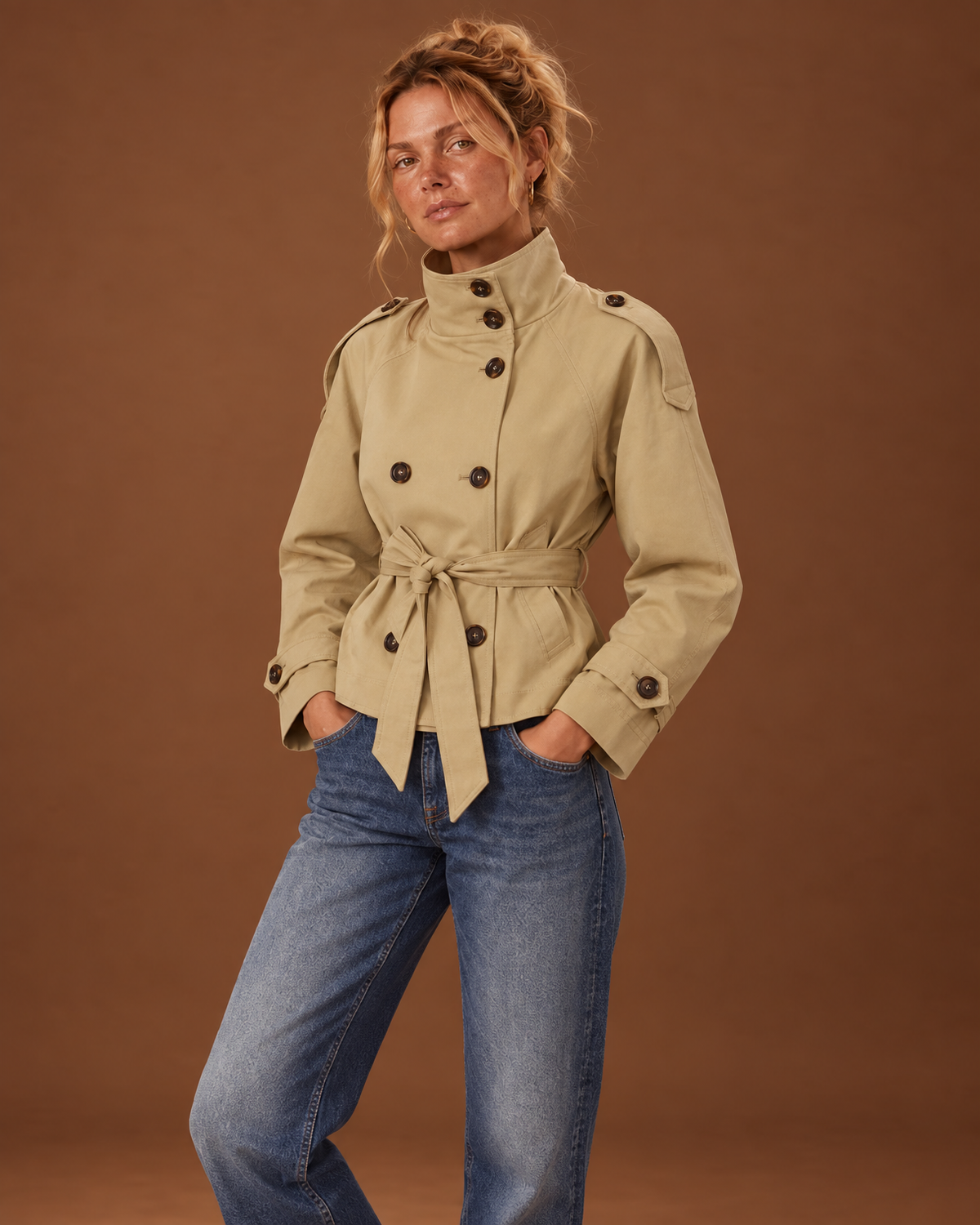 Rowan Short Trench Coat in Khaki, detail view