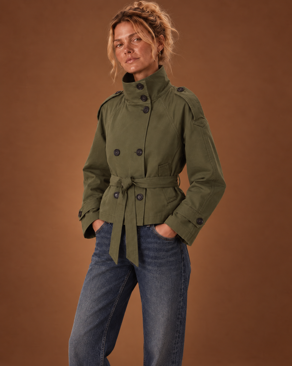 Rowan Short Trench Coat in Olive Green, detail view