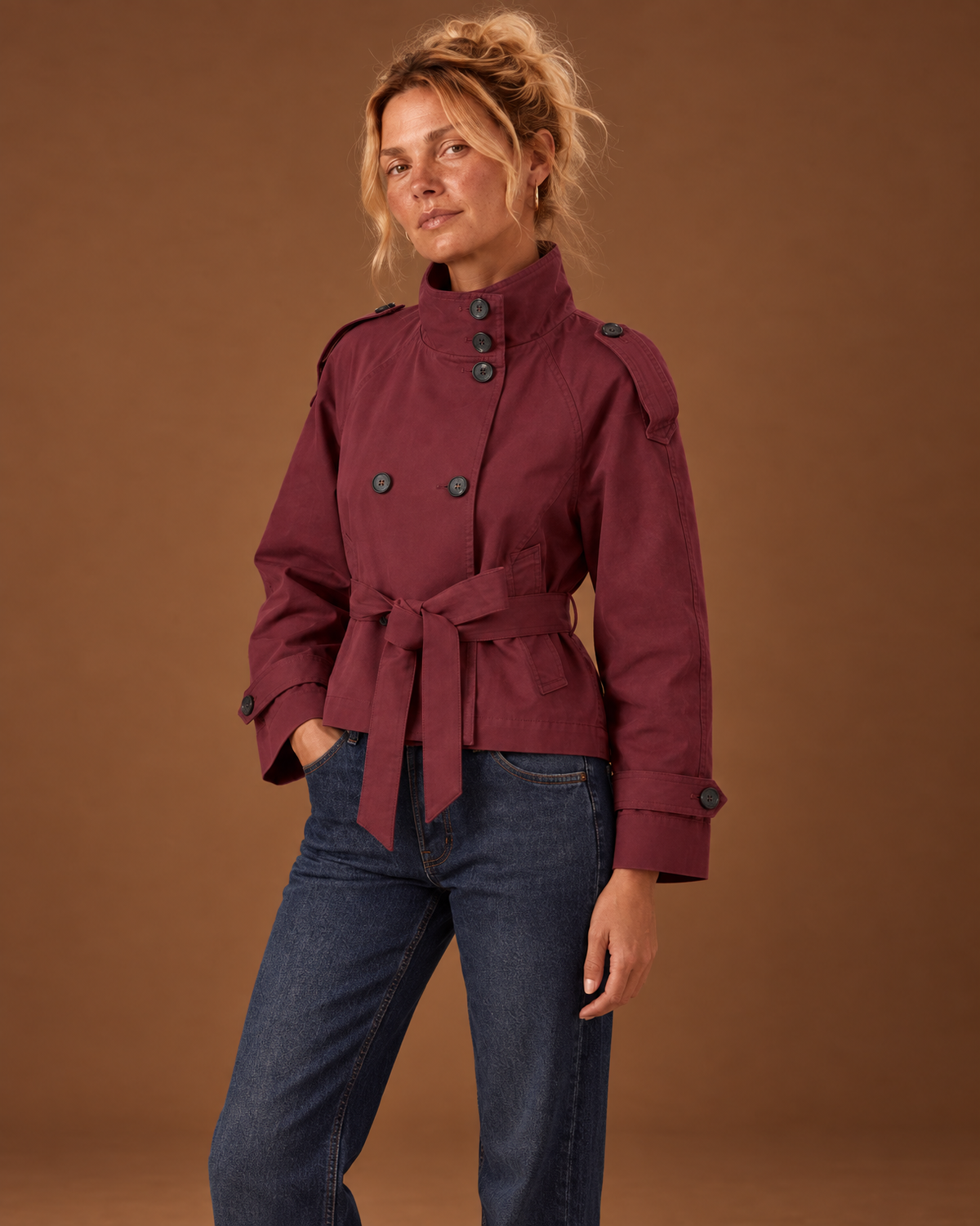 Rowan Short Trench Coat in Wine Red, detail view
