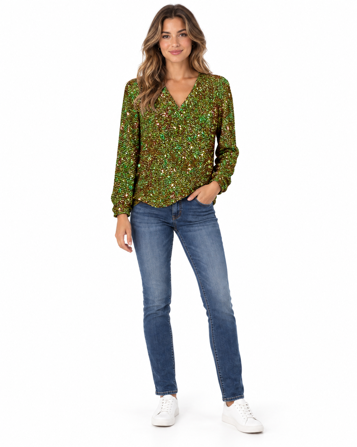 Seraphina Sequin V-Neck Top for Women - Long Sleeve Going Out in Green